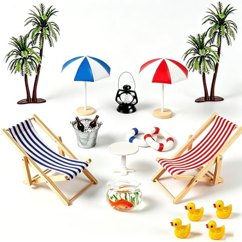 Strand Deko Miniatur Set, 18 Stück Mini Strand Mikrolandschaft | Liegestuhl Miniatur Palme, Mini-Stranddekorationen für Sommer Thema Party, Strandurlaub DIY Dekoration