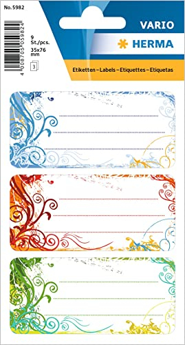 HERMA 5982 Buchetiketten zum Beschriften Spirit, 9 Stück, 76 x 35 mm, selbstklebend, liniert, Buchaufkleber für Schule Kinder Mädchen Jungen, mehrfarbige Heftetiketten Aufkleber, bunt