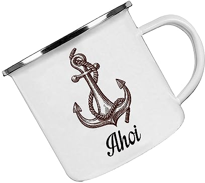 Crealuxe Emaille Tasse Ahoi Anker - Kaffeetasse mit Motiv, Campingtasse, bedruckte Emailletasse mit Wunschtext
