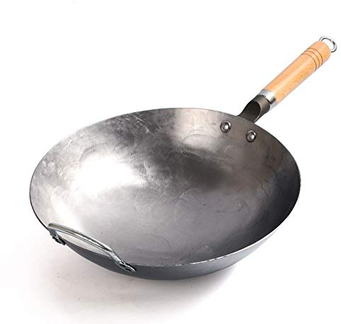 Wok Pan, Traditional Hand Hammered Chinese pan Iron Wok Uncoated Carbon Steel Non-Stick Pot Round Bottom Cookware with Wooden Handle