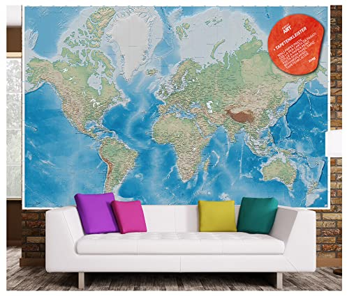 GREAT ART Fototapete – Weltkarte Blauer Kontinent – 210 x 140 cm 5 Bahnen inkl. Kleister – Miller Projektion Atlas Erde Geographie Landkarte Dekoration Wanddeko Bildtapete