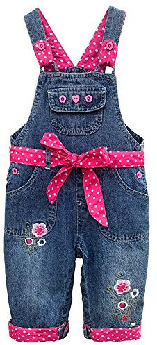 Peacolate 6M-3Anni Infante Bambino Piccolo Neonata Tute di Jeans Ricamato Tute per Bambini Salopette Con Rosa Cintura(6-9mesi, Rosa)