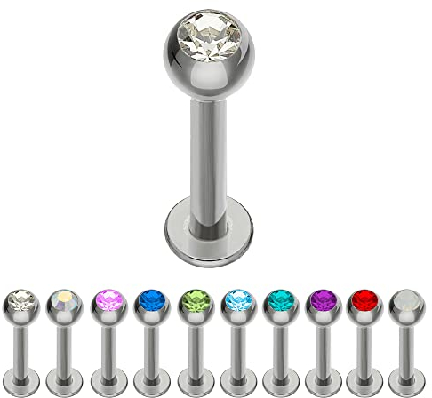 Treuheld® | Silbernes TITAN LABRET PIERCING mit KRISTALL - [121.] 1.2 x 8 mm (Kugel: 3mm) - klar/durchsichtig