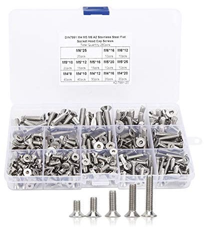 260Pcs M4 M5 M6 Hex Socket Countersunk Machine Screws,Nuts and Bolts Stainless Steel Flat Head Hex Socket Cap Screws Assortment Set with Storage Box