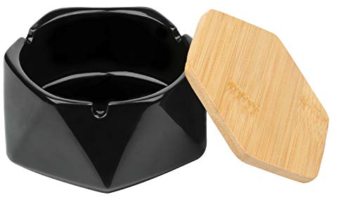 Ysimple Cenicero de Cerámica de Estilo Nórdico con Tapa,Negro Cenicero de Madera,Resistente al Viento,Prueba de Olores,Fácil de Limpiar,para el Hogar,Oficina,Dormitorio,Balcón,Mesa de Café