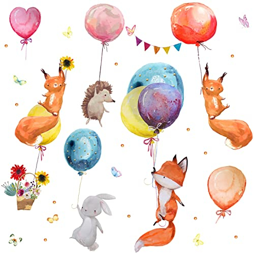 WandSticker4U®- [Aquafarben] Wandtattoo Kinderzimmer TIERE & LUFTBALLON XXL (107x100 cm) I Wandsticker Babyzimmer Waldtiere Hasen Fuchs Igel I Wandaufkleber Kinderzimmer Deko Mädchen Junge GROß