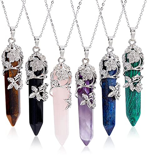 nbeads 6 Stück Sechseckige Kristall Anhänger mit Ketten, 6 Farben Spitze Edelstein Charms Anhänger mit 304 Edelstahl Baum Blume Silber Umwickelt Kabelketten Halsketten Für Schmuckherstellung