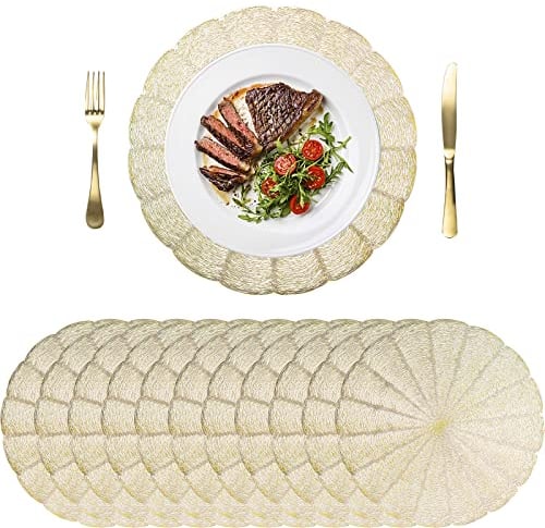 ZOOFOX 12 Pack Placemats, 15 Inch Gold Pressed Vinyl Table Mats with Hollow Out Design, No-Slip Heat Resistant Round Mats for Dining Table Kitchen Decor Party Wedding Accent Centerpiece