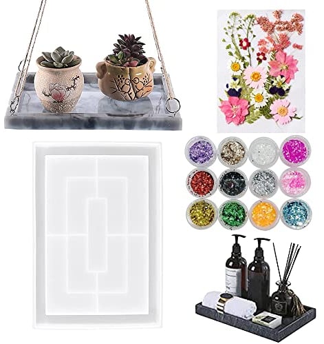 Woohome Resin Silikonform Großes Rechteck Rolltablett mit Kante Gießform Silikonform, Dekoratives Brett Epoxidharz Formen, Getrockneten Blumen Pailletten für DIY Epoxidguss, Wandbehang