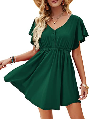 Beluring Women's Summer Dress Casual V Neck Dress Pleated Short Dress Dark Green Size 12-14