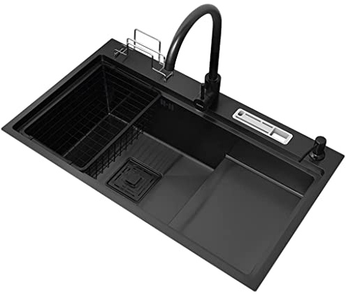 Kitchen Sink Fregaderos De Cocina, Fregadero Individual De Acero Inoxidable 304 Cuadrado Negro, con Fregadero De Preparación De Barra De Grifo Big Bend (Color : Black, Size : 80x50cm)