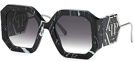 Philipp Plein Damen Spp067 Sonnenbrille, Glänzendes Grau/Schwarz Havana, 52