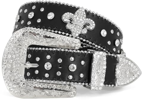 WERFORU Strass Nietengürtel für Damen Männer Western Ledergürtel für Cowgirl Cowboy Vintage Bling Gürtel für Hosen Kleid