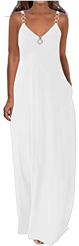 AMhomely Women Dress Sale Clearance Summer Dresses Casual Boho Solid Color Hoop Sling Beach Long Maxi With Pockets UK Ladies Party Elegant Club Cocktail Work Evening Gowns White