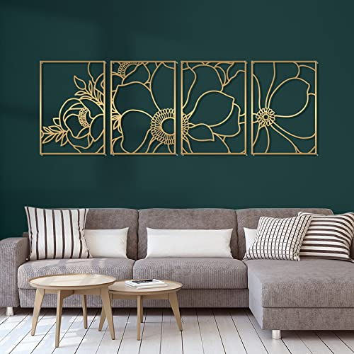 Glamativity 4 Stück goldene Wandkunst-Dekor, Blume, minimalistische Dekoration, einreihige Kunst, Wanddekoration, echtes Metall, Badezimmer (Goldblüten-Stil, Größe M 43.2x29.8 cm)