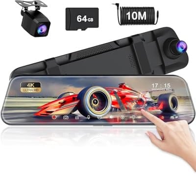 10 4K Mirror Dash Cam,Touch Screen Smart Rear View Mirror Camera, 4K+1080P Dash Cam Front and Rear, Night Vision, Reverse Assist,Loop Recording, 24H Parking Mode, Included 64GB Card