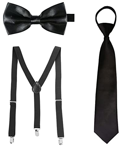 VIKSAUN Herren Hosenträger mit Fliege, Hosenträger mit Fliege Set, Back Elastisch und Verstellbar Hosenträger für Herren Damen, Hosenträger, passender Fliege, Krawatten, Black,Einheitsgröße (3 Stück)