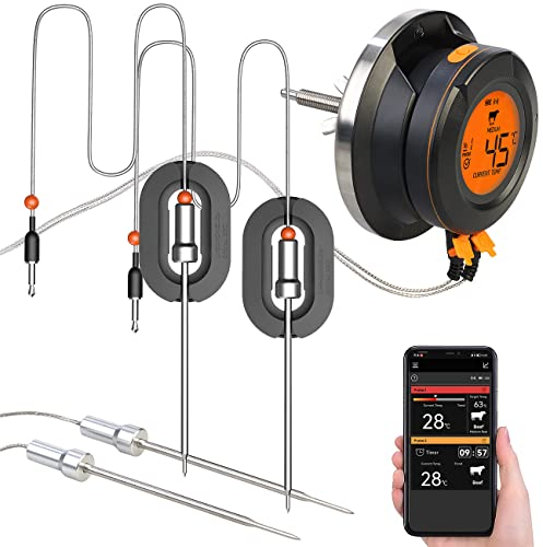 Rosenstein & Söhne Räucherthermometer: Smartes Digital-Grill-Thermometer, Umrüstset, 4 Sensoren, BT, App (Smoker-Thermometer, BBQ Funk, Grillabdeckung)