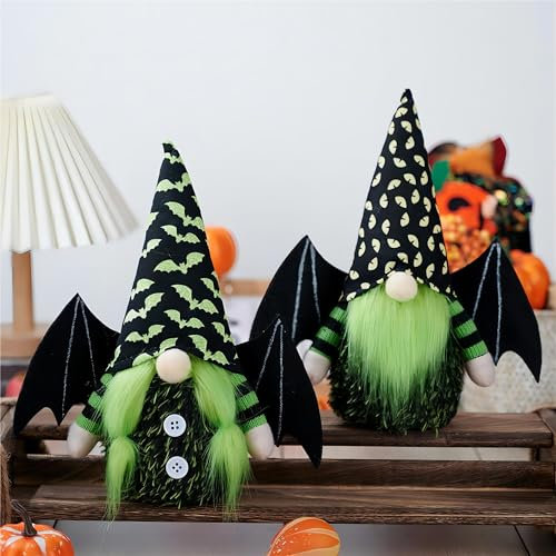 Gwindrise Fledermaus Wichtel Halloween Dekorationen für Zuhause, 2 Stück Plüsch Zwerge mit Fledermausflügeln, Handgemachte Tomte Zwerg Puppen für Halloween Dekor, für Frauen