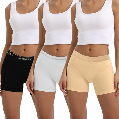 INNERSY Shorty Femme Taille Basse Boxer Sport, 42-44, Blanc/Noir/Abricot