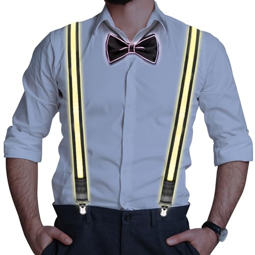Moocuca LED Hosenträger Herren mit Fliege, 2er Set LED Leuchtende Hosenträger Herren mit LED Krawatte, LED Fliege LED Hosenträger für Musik Festival, Halloween-Kostümparty (Weiß)