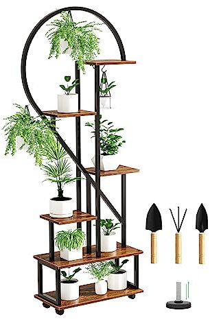 6-Tier Metal Plant Stand, 65.7in Heart Garden Flower Pot Holder, with 4 wheels, with Top Hook and Anti-Toppling Device, Display Rack, Multiple Shelf, for Home Decor, Balcony, Patio (Half Heart)