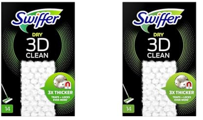 Swiffer Balai Attrape-Poussière 3D Clean Recharges Lingettes Sèches, 14 Lingettes Nettoyantes, Attrape et Retient la Poussière (Lot de 2)
