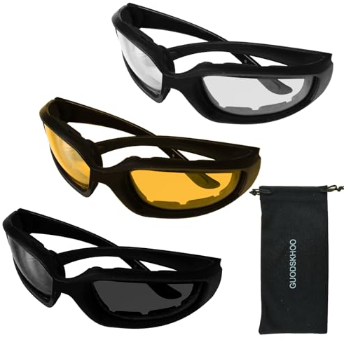 GUODSKHOO Cycling Glasses Mens Sports Sunglasses Windproof Protection Light Night Vision Glasses Stylish Outdoor Motorcycle Glasses for Men Woman 3Pcs (Gray/Clear/Yellow)