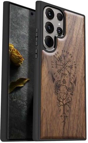 Carveit Wood Case for Galaxy S24 Ultra [Natural Walnut & Black TPU] Shockproof Protective Cover Compatible with Samsung S24 Ultra (Viking Compass)