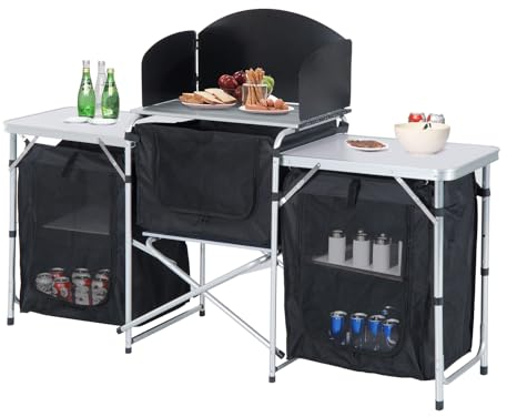 Outsunny Portable Camping Kitchen with Aluminium Frame, Fold-Up Cooking Table With Windscreen and 3 Enclosed Cupboards for BBQ, Party, Picnic, Black