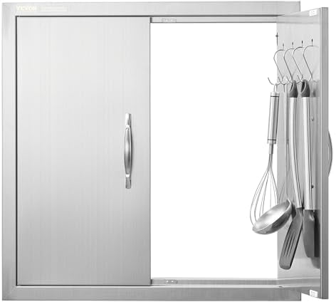 VEVOR Grill-Zugangstür, 610 x 610 mm, Doppelte Außenküchentür, Flächenbündig Montierte Edelstahltür, Doppelwandige vertikale Tür mit Griffen und Haken, für Grillinsel, Grillstation, Außenschrank