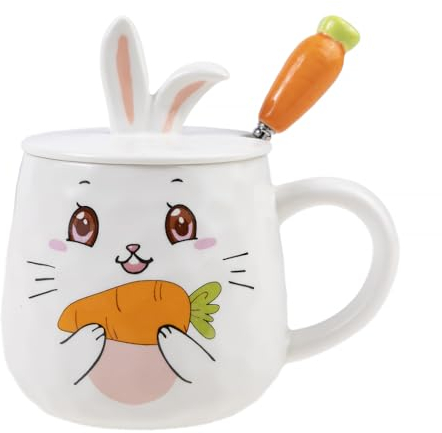 lachineuse - Tasse Lapin, Carotte Appétissante - Collection Bunny - Couvercle Oreilles de Lapin, Cuillère Carotte - Porcelaine, Métal - 425 ML - Café, Thé, Chocolat, Cappuccino - Idée Cadeau Originale