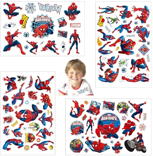 Lot de 4 feuilles de tatouages temporaires pour enfants Spiderman - Autocollants pour sacs cadeaux - Pour anniversaire d'enfant - Pour filles et garçons
