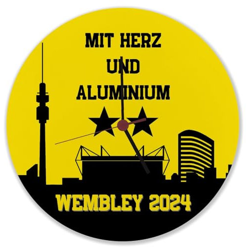 Dortmund Finale Wembley 2024 Wanduhr mit Spruch Mit Herz und Aluminium Königsklasse CL Fußball Europapokal Borsigplatz-Erinnerung Finalist-Ehre