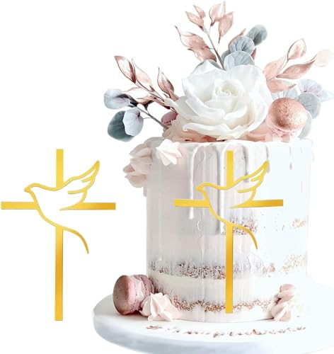 2 Stück Kuchendeko Kreuz Cake Topper Taube Gold Acryl Torte Deko, Religiöse Kuchendekoration mit Kreuzen und Tauben für Konfirmation, Schillernder Spiegeleffekt für Hochzeit,Geburtstag, Weihnachten