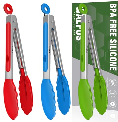 Walfos® Kochzange, Küchenzange 3er 18cm, Grillzange, Zangen Küche mit Silikon Spitze Servierzange, Mehrfarbig(Green, Red, Blue)