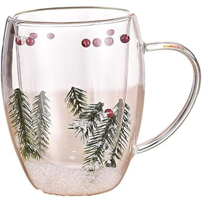 Pesoncarl Double Walled Glass Coffee Mugs, 350ml, Clear with Handles, Dried Flower Design, Pine Needlegrass Theme