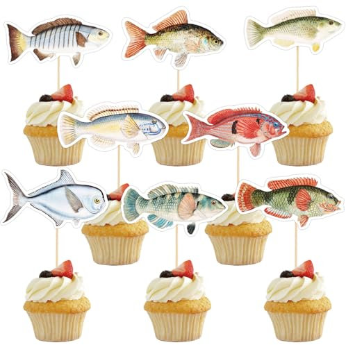 24pcs Fish Cupcake Toppers, Funny Birthday Party Decorations with Pick & Glue Point Fishing Dessert Cupcake Topper Baby Shower Decorations Fish Theme Party Supplies for Kids Teens (Style 1)