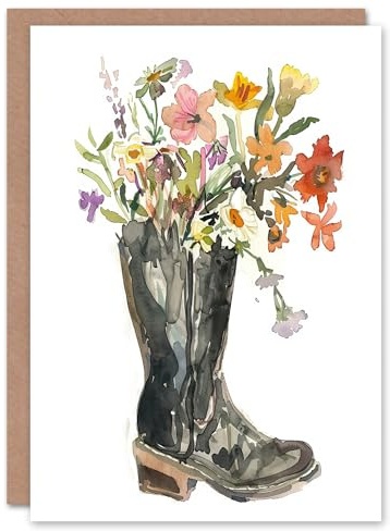 Artery8 Greeting Card Wildflower Bouquet Heeled Army Boot Watercolour For Her Woman Birthday Card