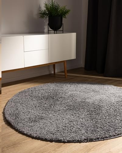 benuta Basic Hochflorteppich Teppich Wohnzimmer Sohari - Grau 80 cm Rund - Minimalistischer Look - Weich & Waschbar - Für Schlafzimmer, Flur oder Esszimmer - Geeignet für Fußbodenheizung