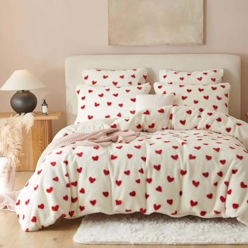 Sacebeleu Winter Bettwäsche 135x200 cm 4 Teilig Plüsch Langhaar Flauschig Flanell Biber,Rot Weiß Herzen Bettbezug Warme und 2 Kissenbezug 80x80cm mit Reißverschluss