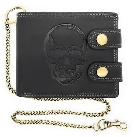 Lemasi Biker Geldbörse mit Kette RFID Schutz Hunterleder Portemonnaie Skull Totenkopf Skull Schädel (grau quer Außenriegel)