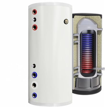 TECHGLOBE - Warmwasserspeicher komplett aus Edelstahl - mit 1 extragroßen Wärmetauscher (4 m²)- Energieeffizient Brauchwasserspeicher - mit 50mm Isolierung (300 L)