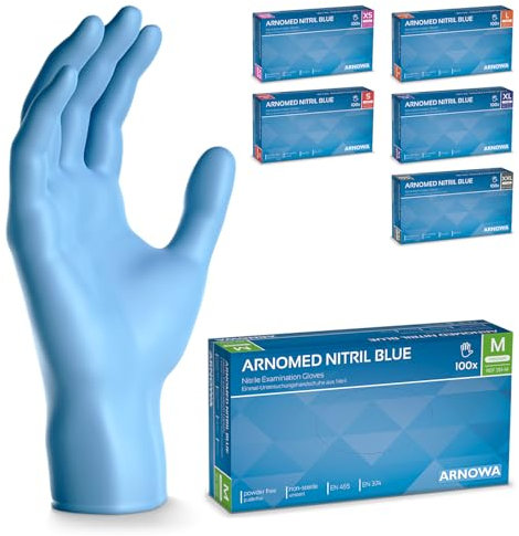 500 Stück ARNOMED Einweghandschuhe Blau, Einmalhandschuhe M, Nitril Handschuhe, Nitrilhandschuhe puderfrei, Gummi-Handschuhe Einweg, Schutzhandschuhe, Handschuhe Nitril in XS, S, M, L, XL, XXL