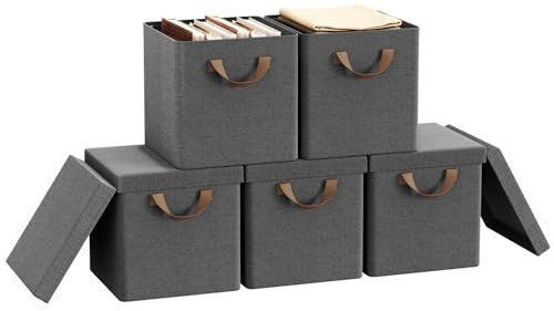 WOLTU Fabric Storage Boxes Set of 5, Folding Baskets with Lids, Handles, Metal Frame, Wardrobe Toy Organisers for Living Room, Bedroom, Office, Grey, 27x27x27cm