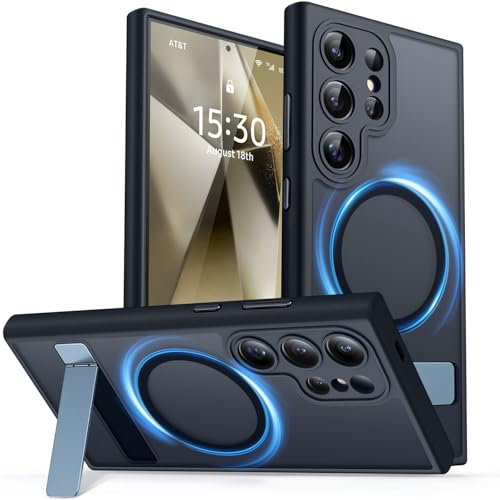 CANSHN Coque Magnétique pour Samsung Galaxy S24 Ultra(6,8 Pouces), [Protection Complète de l'appareil Photo] Etui Translucide Mat Arrière Housse avec Metal Béquille,Noir