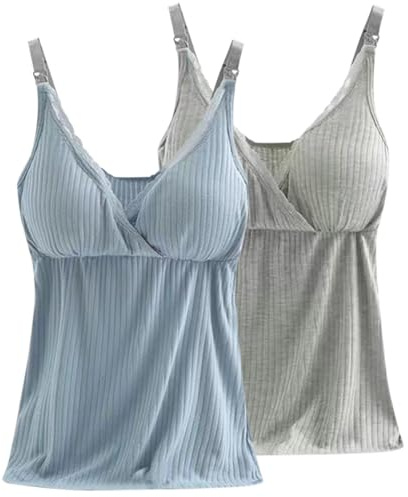 ACMEDE Lot of 2 Débardeur de maternité avec Soutien-Gorge intégré Dentelle col en V, Camisole de Maternité avec Bretelles réglables, Débardeur pour Femme Enceinte Haut d'allaitement de Grossesse
