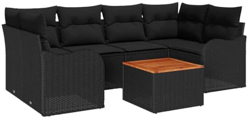 vidaXL 7-teiliges Garten-Sofa-Set mit Kissen, schwarzes Rattan und Holz, modulares Lounge-Sofa für 5 Personen, wetterfest, perfekte Möbel für den Balkon oder die Terrasse.