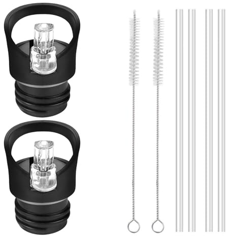 LIULINY Lot de 2 Bouchons de Paille pour Bouteille D'eau, Bouchon Gourde | Bouchon de Rechange Gourde avec 4 Pailles Transparentes a 2 Brosses de Nettoyage, pour Sport, Voyage, Camping