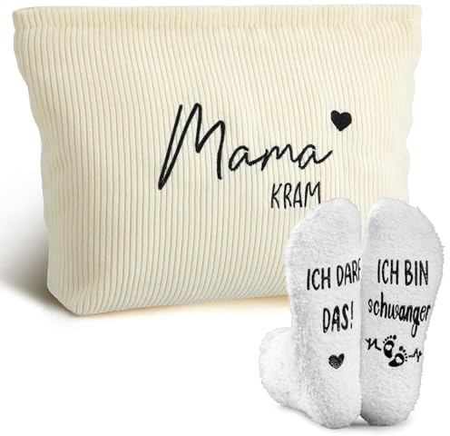 Jadive 2er Set Geschenke Mama Kram Werdende Mütter, Cremeweißer Cord, Weiß | Kosmetiktasche aus Filz mit Reißverschluss, Schwangerschaft Rutschfeste Socken, Neue Mama, Frauen, Babyparty, Verkünden